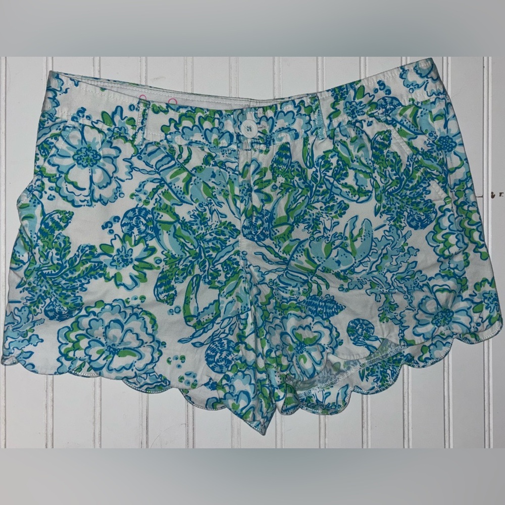 Lilly Pulitzer Buttercup Shorts in White/ Blue/Green Ocean Floral Print Size 10